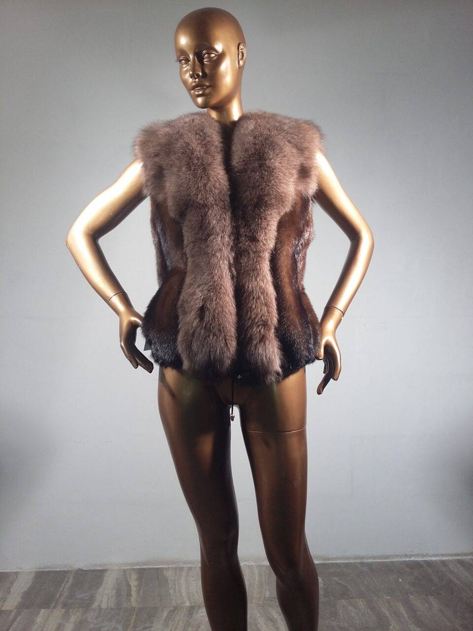 Real Fur Brown Mink Vest with Collar Fox Fur