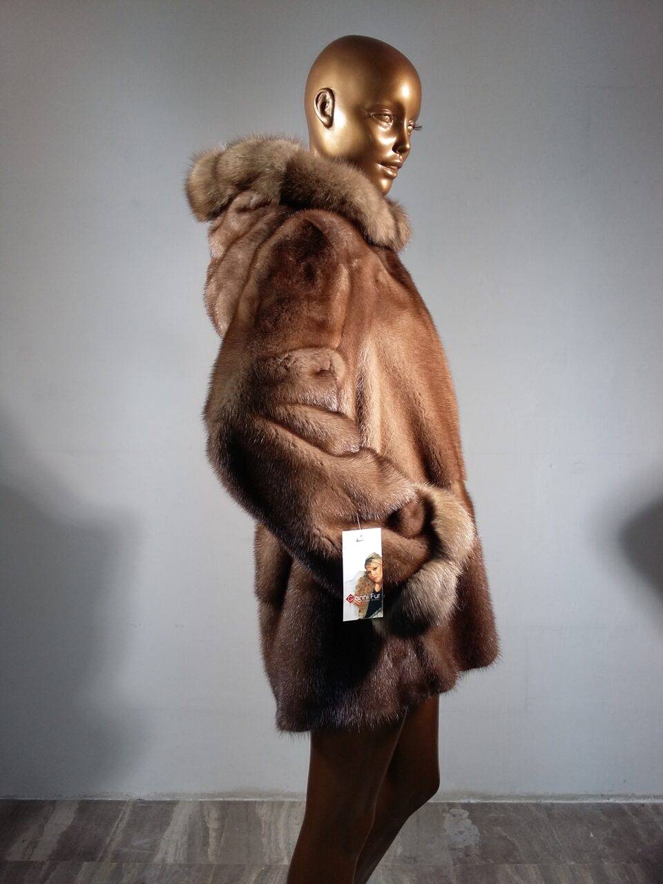 Real Fur Pastel Mink Fur Jacket with Sable Fur Trimmed Hood and Sleeves