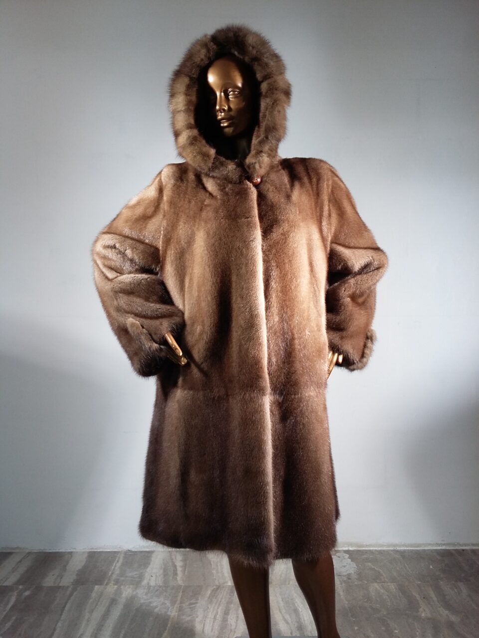 Real Fur Pastel Mink Fur Coat with Sable Fur Trimmed Hood and Sleeves