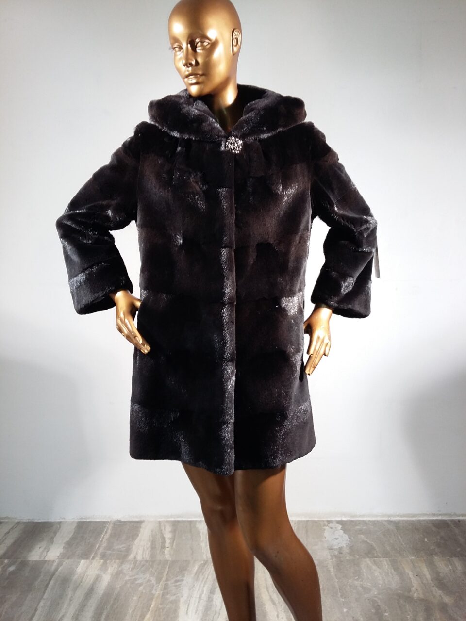 Real Fur Sheared Black Mink Fur Jacket with Hood and style Horizontal