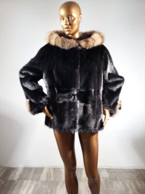 Real Fur Black Mink Fur Jacket with Sable Fur Trimmed Hood and Sleeves