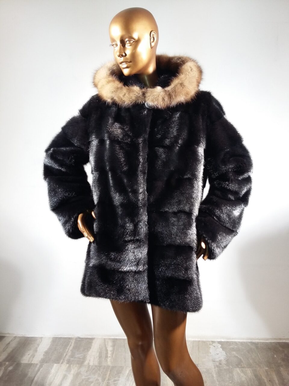 Real Fur Black Mink Fur Jacket with Sable Fur Trimmed Hood and Sleeves style Horizontal