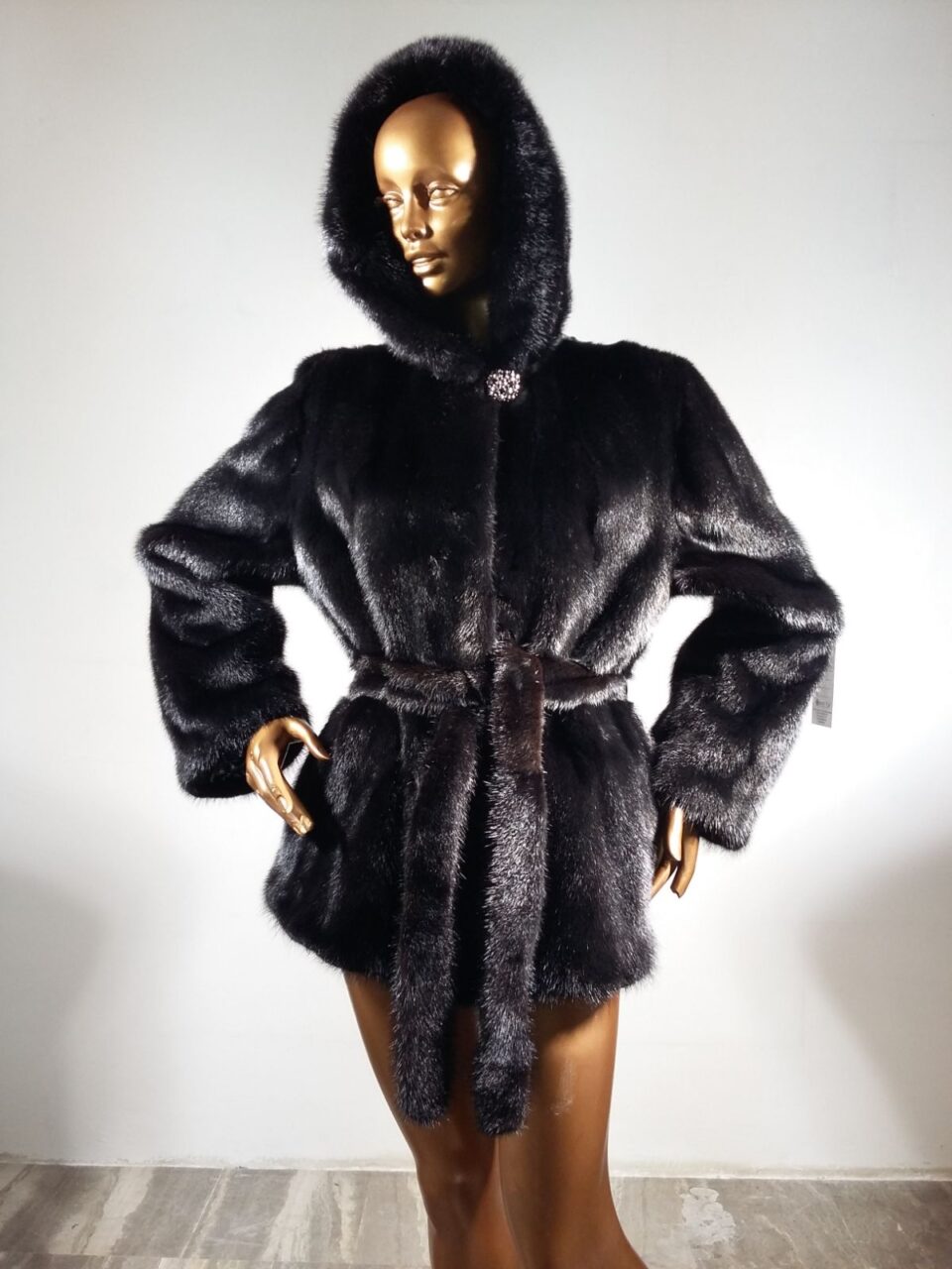 Real Fur Black Mink Jacket with Hood and Belt