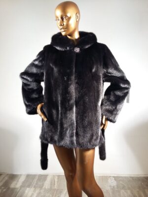 Real Fur Black Mink Jacket with Hood and Belt