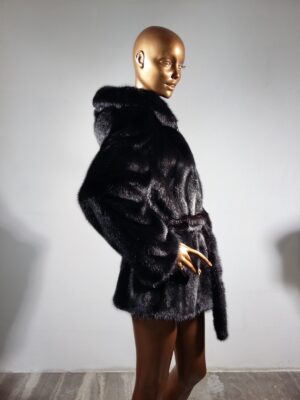 Real Fur Black Mink Jacket with Hood and Belt