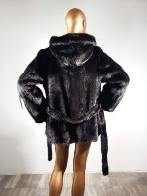 Real Fur Black Mink Jacket with Hood and Belt