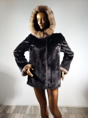 Real Fur Black Mink Fur Jacket with Sable Fur Trimmed Hood and Sleeves