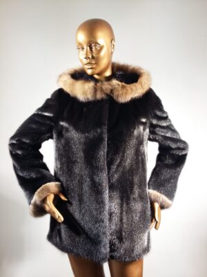 Real Fur Black Mink Fur Jacket with Sable Fur Trimmed Hood and Sleeves