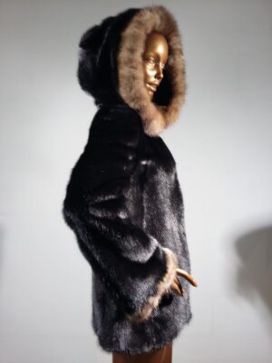 Real Fur Black Mink Fur Jacket with Sable Fur Trimmed Hood and Sleeves