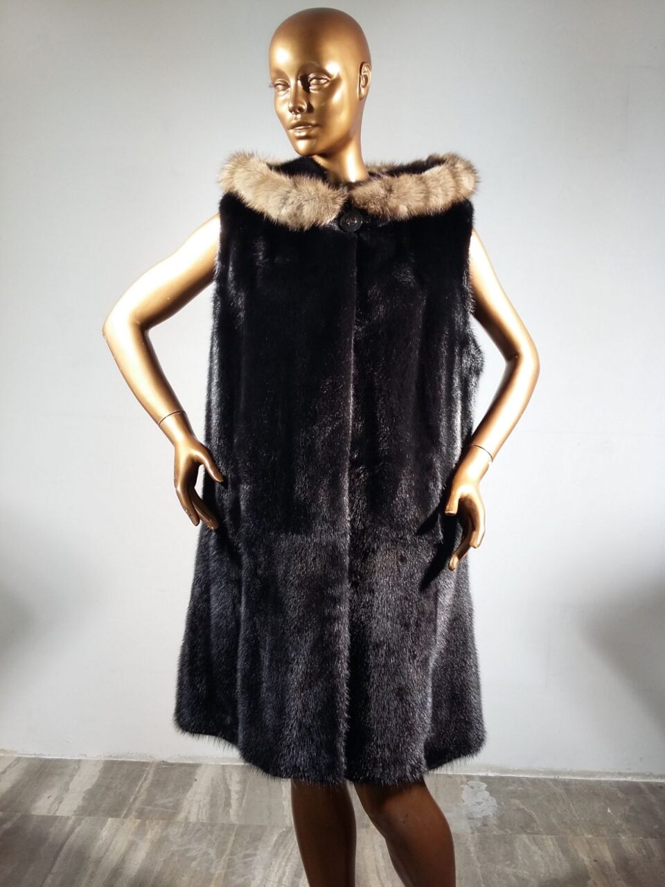 Real Fur Black Mink Fur Vest with Sable Fur Trimmed Hood