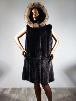 Real Fur Black Mink Fur Vest with Sable Fur Trimmed Hood