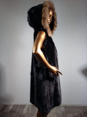 Real Fur Black Mink Fur Vest with Sable Fur Trimmed Hood