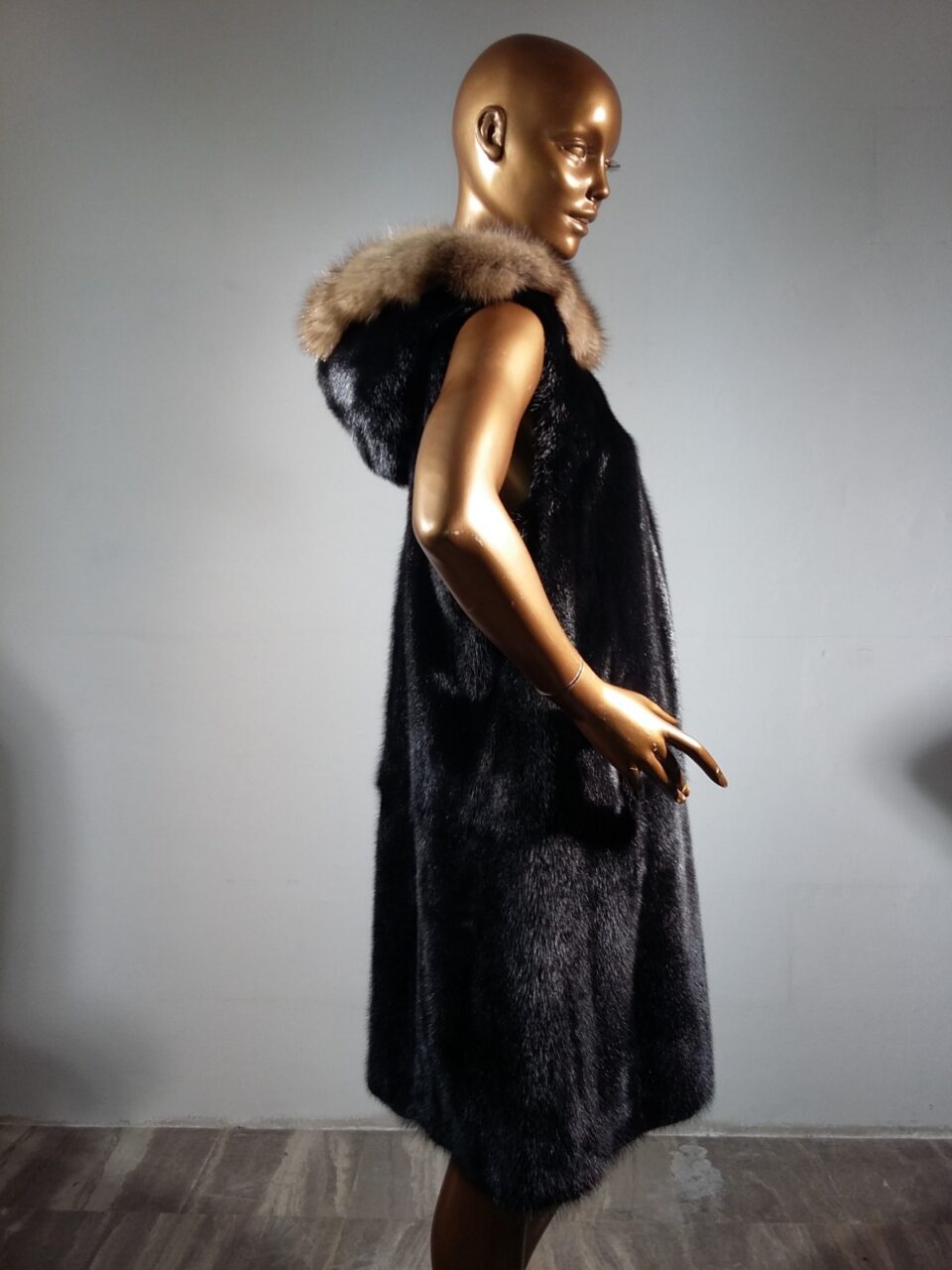 Real Fur Black Mink Fur Vest with Sable Fur Trimmed Hood