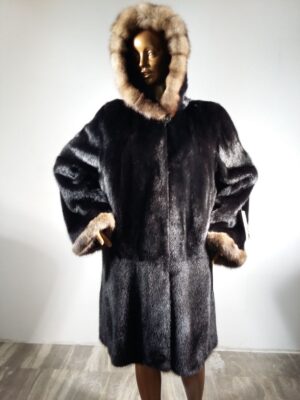 Real Fur Black Mink Fur Coat with Sable Fur Trimmed Hood and Sleeves