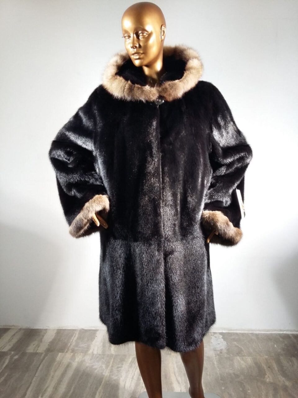 Real Fur Black Mink Fur Coat with Sable Fur Trimmed Hood and Sleeves