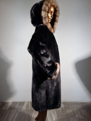 Real Fur Black Mink Fur Coat with Sable Fur Trimmed Hood and Sleeves