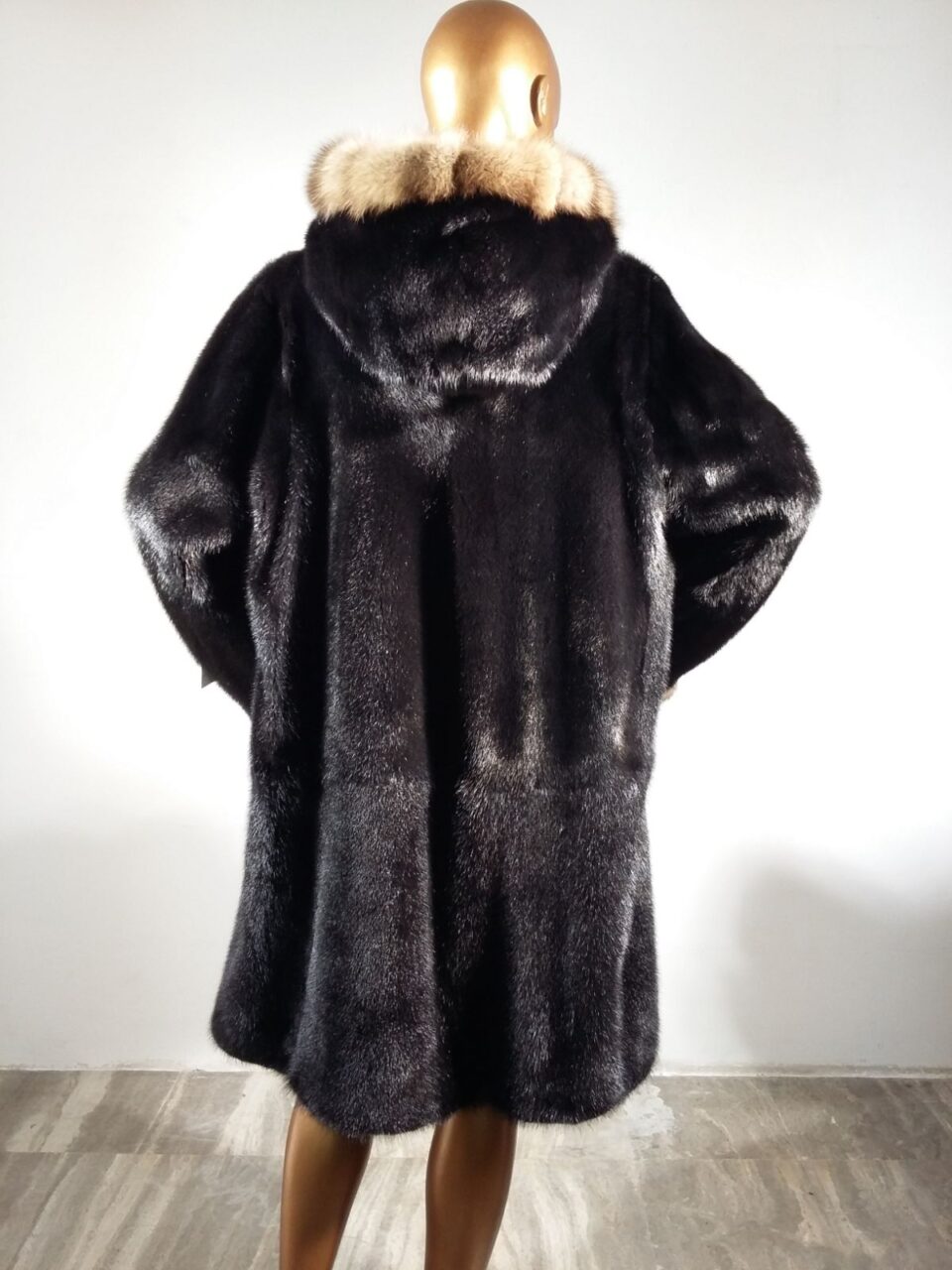 Real Fur Black Mink Fur Coat with Sable Fur Trimmed Hood and Sleeves